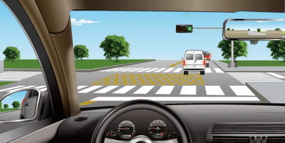 如图所示，驾驶机动车直行遇前方道路堵塞时，车辆可以在黄色网格线区域临时停车等待，但不得在人行横道停车。