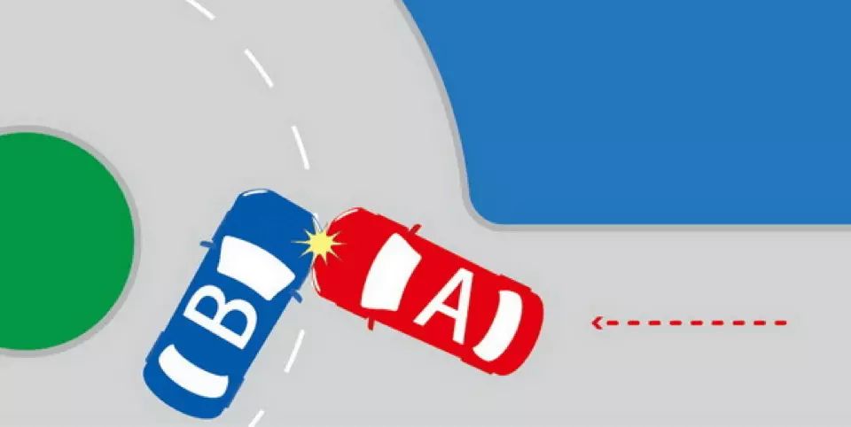 如图所示，在环岛交叉路口发生的交通事故中，应由A车负全部责任。