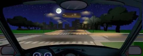 夜间行车遇到图中所示的交叉路口，不管有没有车辆和行人横过路口，都要开启远光灯提示。