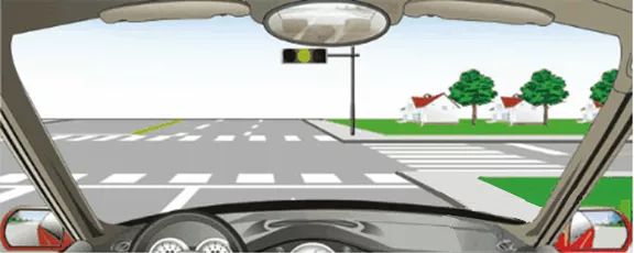 在路口看到图中所示信号灯不断闪烁时，要减速或停车瞭望，确认安全后通过。