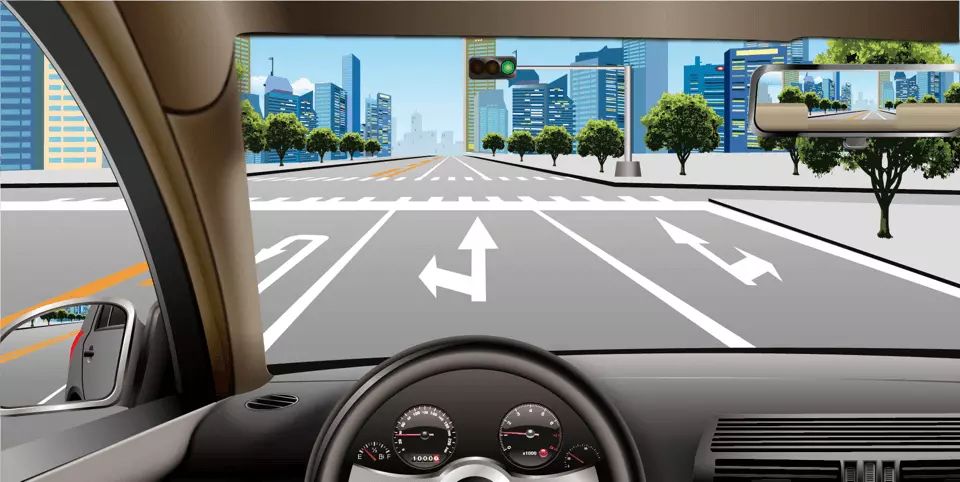 如图所示，在这种情况下驶近路口，车辆可以怎么行驶?