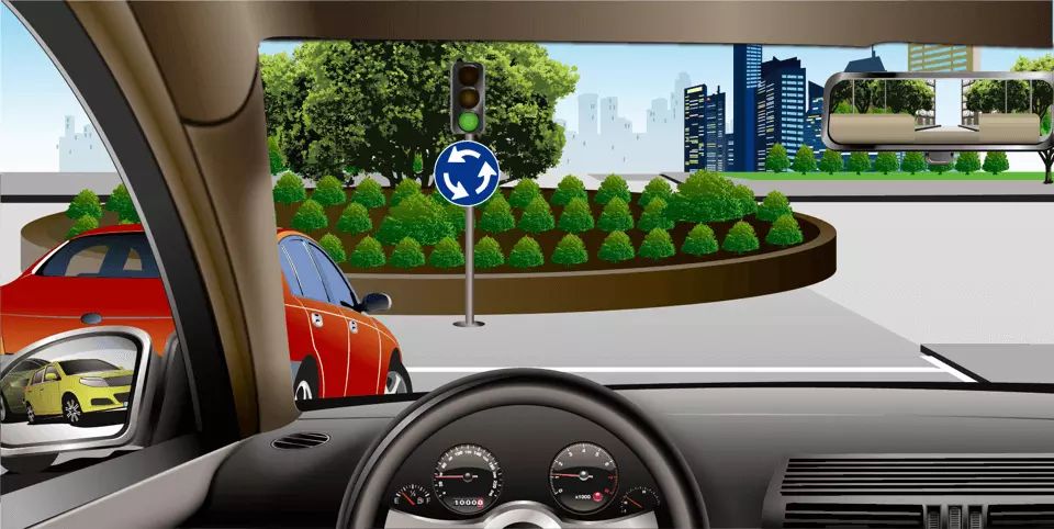 如图所示，在这种情况下准备进入环形路口时，为了保证车后车流的通畅，应加速超越红车进入路口。