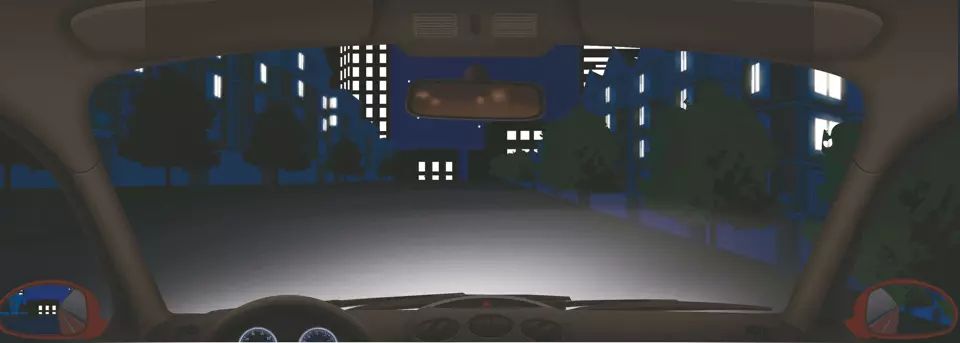 如图所示，夜间在没有照明的路段，驾驶机动车从路边停车位起步时，应怎样使用灯光？