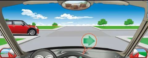 在一个没有信号灯的路口右转弯时，遇到图中所示的左侧路口有车辆直行，怎么做是正确的？