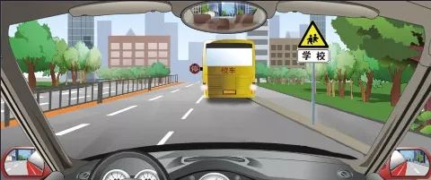 行车中遇到图中所示的停在路边的校车时，怎么做是正确的？