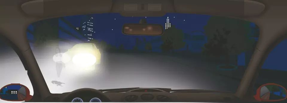 夜间会车遇到这种情况要警惕两车前照灯交汇处（视线盲区）的危险。