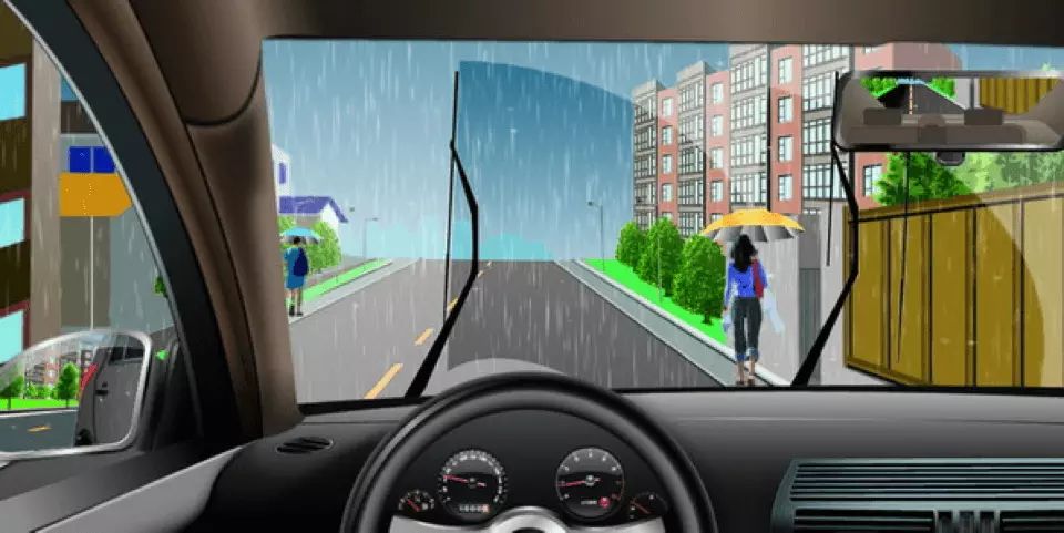 如图所示，驾驶机动车在暴雨天气条件下行驶，当刮水器无法刮净雨水影响行车安全时，以下做法正确的是什么？