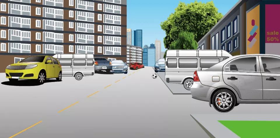 如图所示，驾驶机动车通过小区遇到这种情况，应减速行驶，随时准备停车。