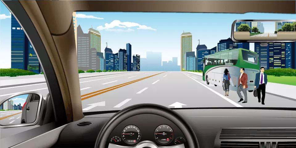 如图所示，驾驶机动车在公交车站遇到这种情况要迅速向左变更车道绕行。