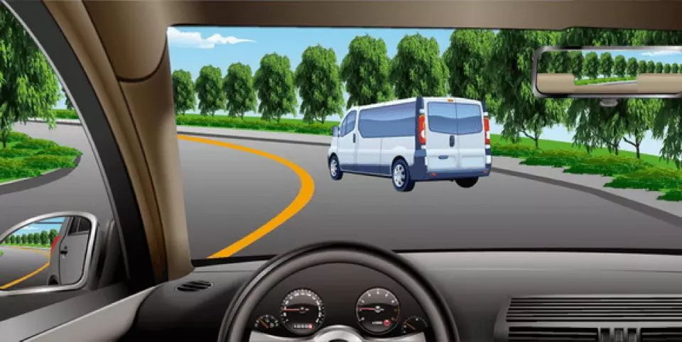 如图所示，驾驶机动车遇到这种情况，可以借对向车道超越前车。