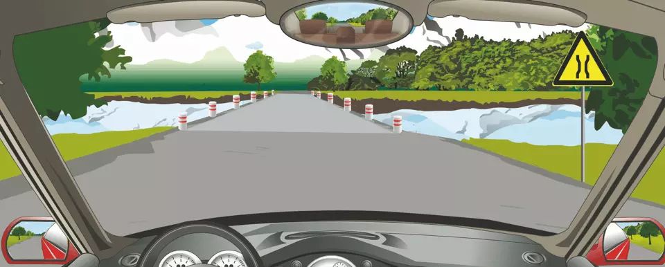 右侧标志警告前方进入两侧变窄路段。