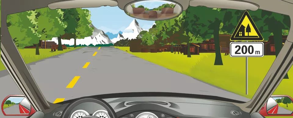 右侧标志提醒前方200米有村庄。