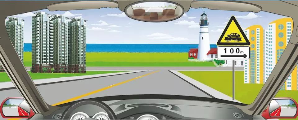 右侧标志提醒前方路口向右100米是渡口。