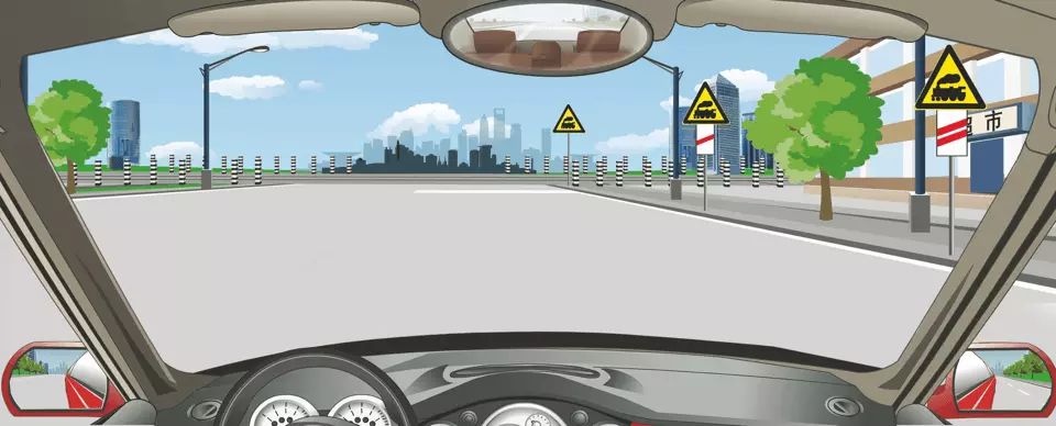 右侧标志警告距前方有人看守铁路道口150米。