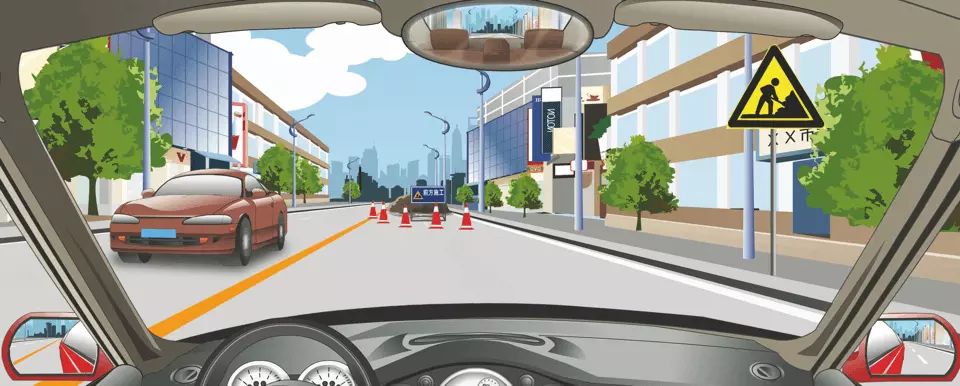 右侧标志提醒前方道路正在施工。