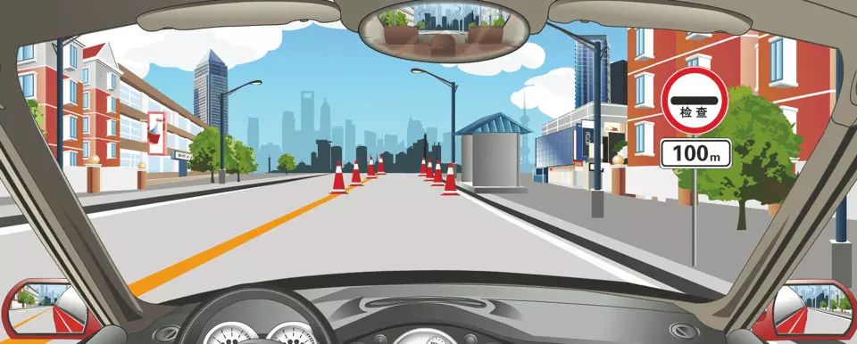 右侧标志表示前方100米是停车接受检查的地点。