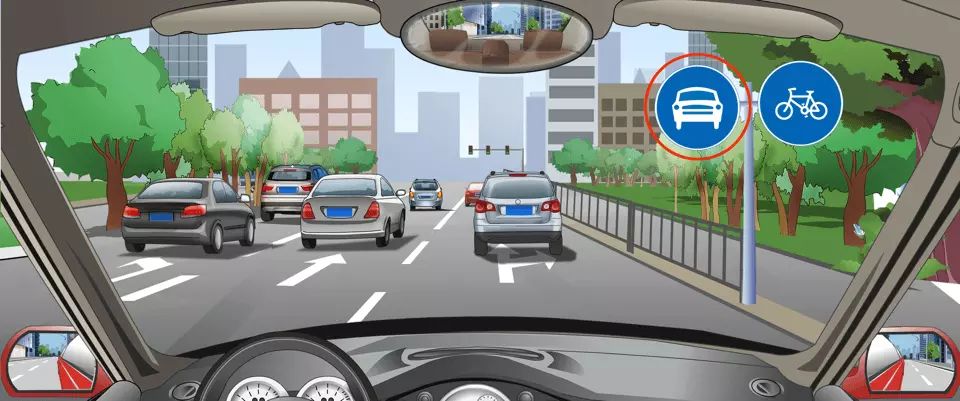 红色圆圈内标志表示左侧道路只供小型车行驶。