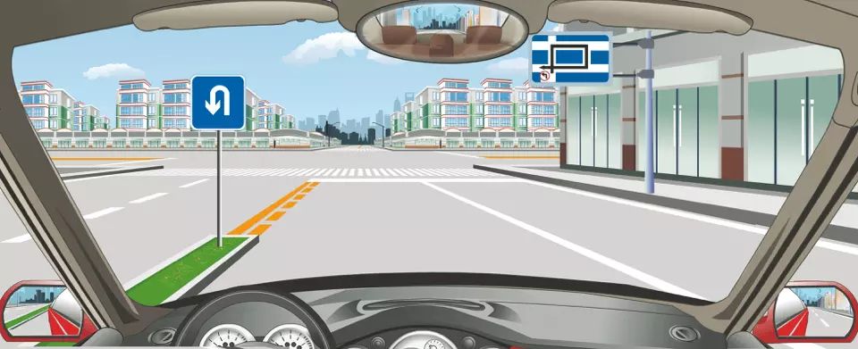 右前方标志指示前方路口左转弯绕行的路线。