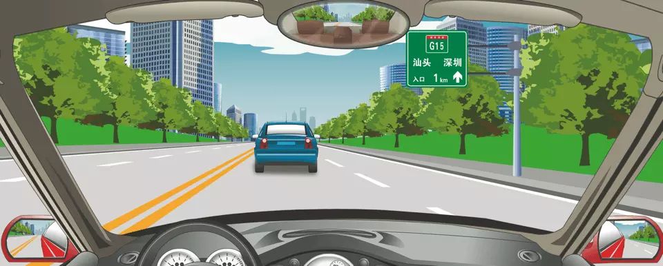 前方标志预告距离高速公路入口1公里。