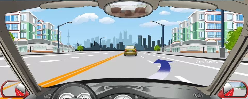 道路右侧白色虚线指示可越线变更车道。