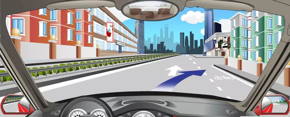 道路右侧车行道边缘白色虚线指示允许跨越。