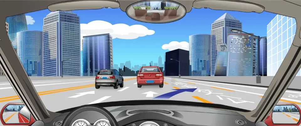 右侧车道路面标线表示可以临时借公交专用车道行驶。