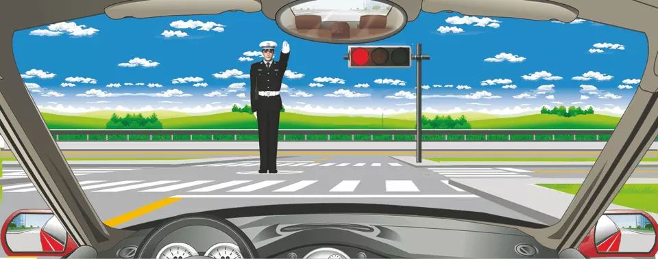 交通警察发出的是禁止通行手势信号。