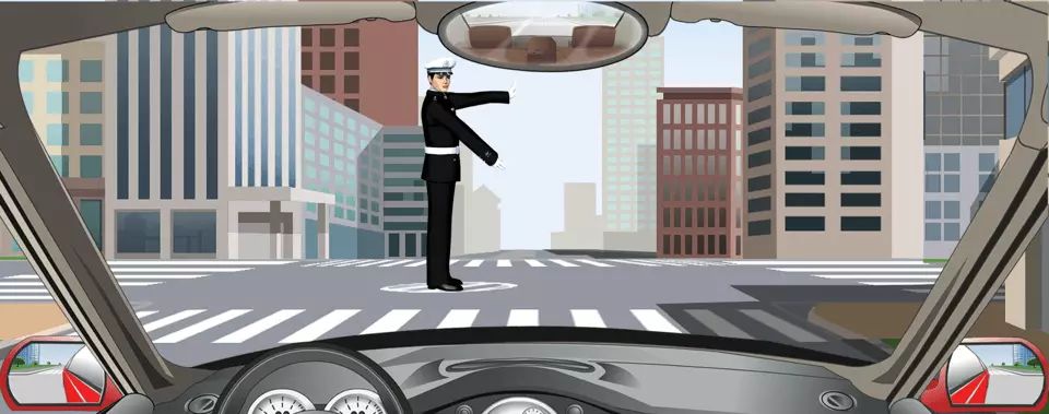 交通警察发出这种手势信号时允许在路口向右转弯。