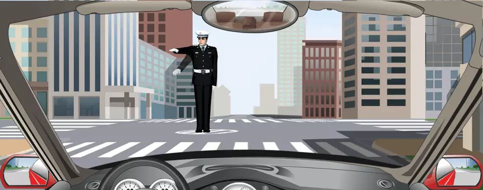 如图所示，交通警察发出这种手势信号时要减速慢行。