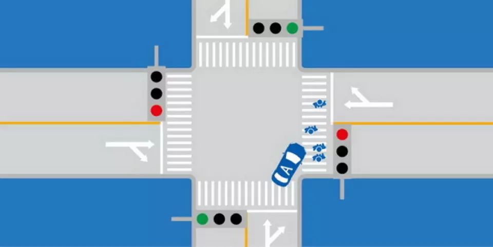 如图所示，驾驶机动车通过交叉路口时右转遇到人行横道有行人通过时，以下做法正确的是什么？