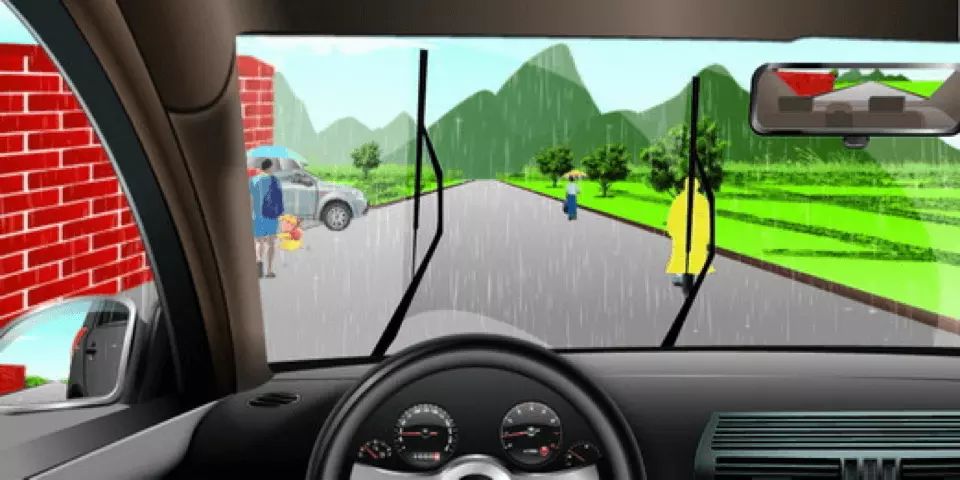 如图所示，驾驶机动车在雨天行驶遇到这种情形时，以下做法正确的是什么？