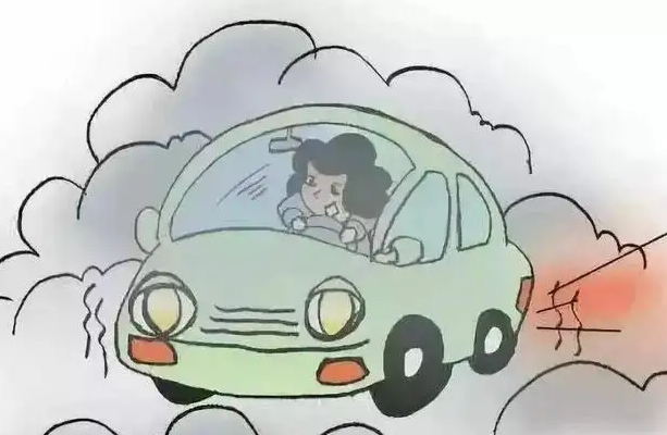 驾驶出租汽车在图中所示的雾天行驶，应开雾灯、近光灯、示廓灯、前后位灯及危险报警闪光灯。