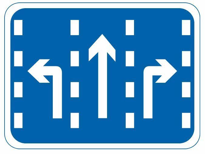 如图所示，导向箭头表示车辆的行驶方向。（蓝底、白图案）