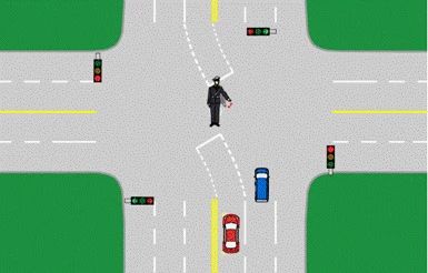 如图所示，交通警察左臂向左下方平伸，掌心向下，左臂与手掌平直向下方摆动。该手势信号示意车辆驶入左转弯待转区。