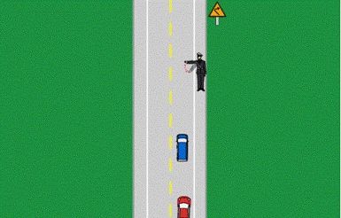 如图所示，交通警察右臂向前方平伸，掌心向下，并平直向下方摆动。该手势信号示意车辆应迅速靠边停车。