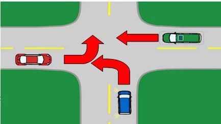 如图所示，（ ）应当最先通过路口。图中箭头代表行驶方向。