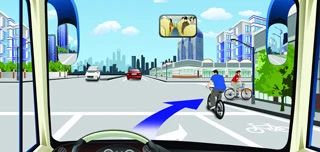 驾驶机动车在这个路口右转弯时要避让非机动车。（如图）